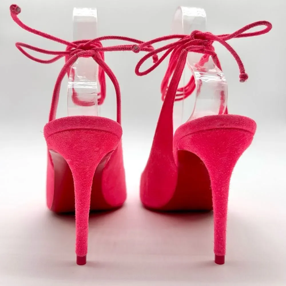 Christian Louboutin Lace Up Kate 85 Pink Suede Stiletto Pumps Heels EU 37 US 7